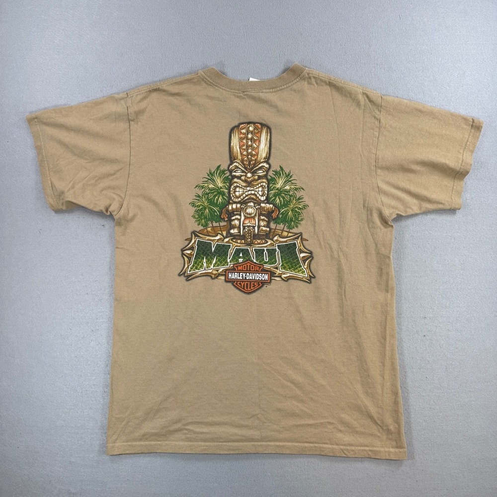 Vintage Harley Davidson T-Shirt Men Large Tan Maui Hawaii Tiki Graphic Biker USA
